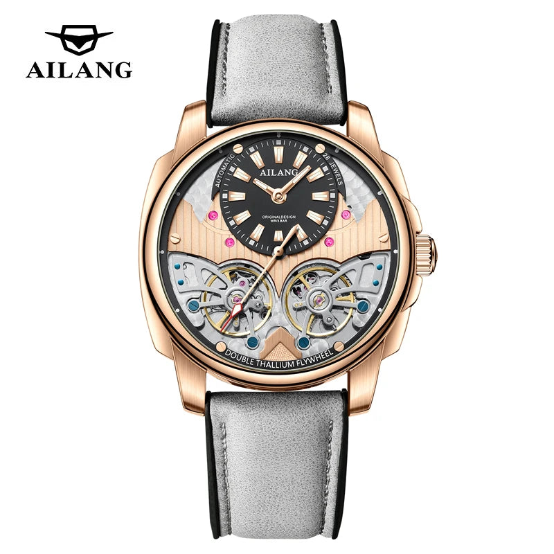 AILANG Business Mechanical Watches Men Top Brand Luxury Leather Waterproof Double Tourbillon Watch For Men Automatic Wristwatch
