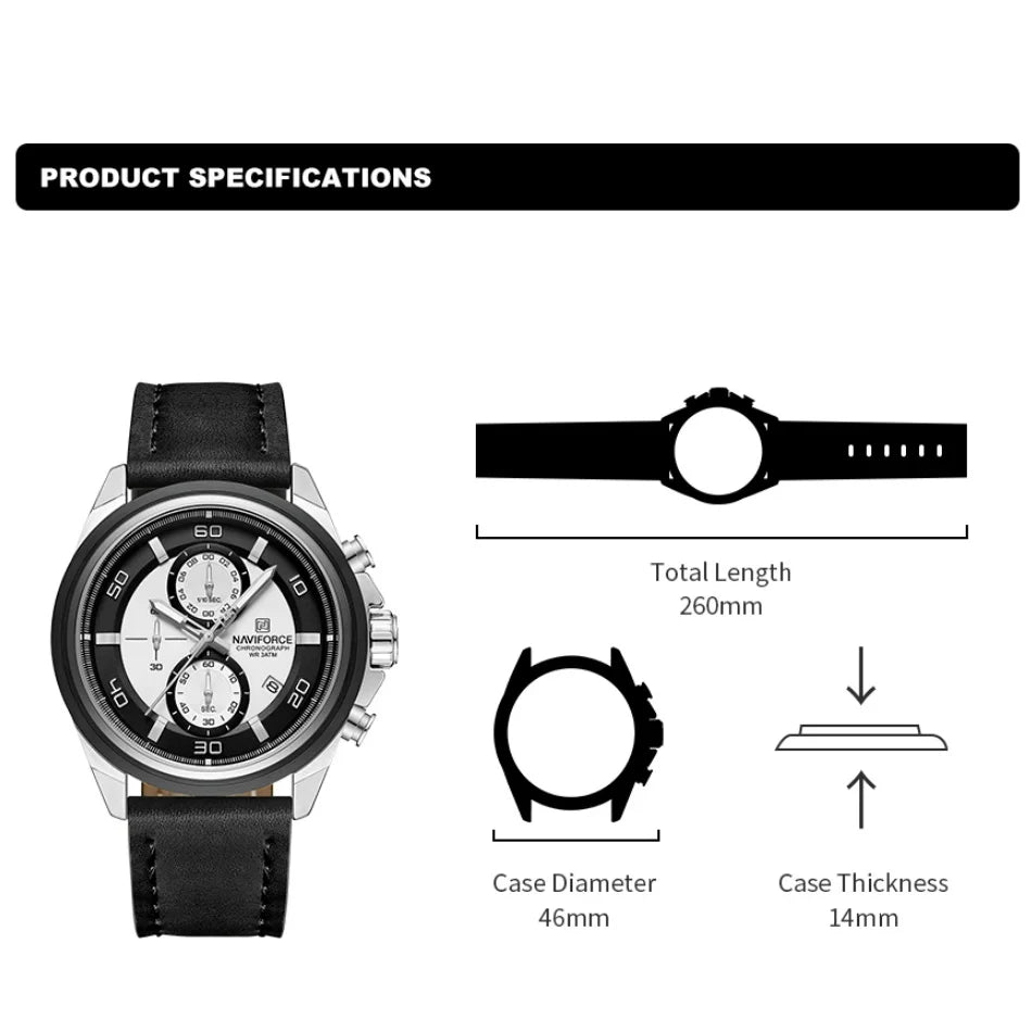 NAVIFORCE Montres Hommes Multifonctions Étanche Montre Quartz Lumineuse de Nuit Montre Bracelet en Cuir Business pour Hommes