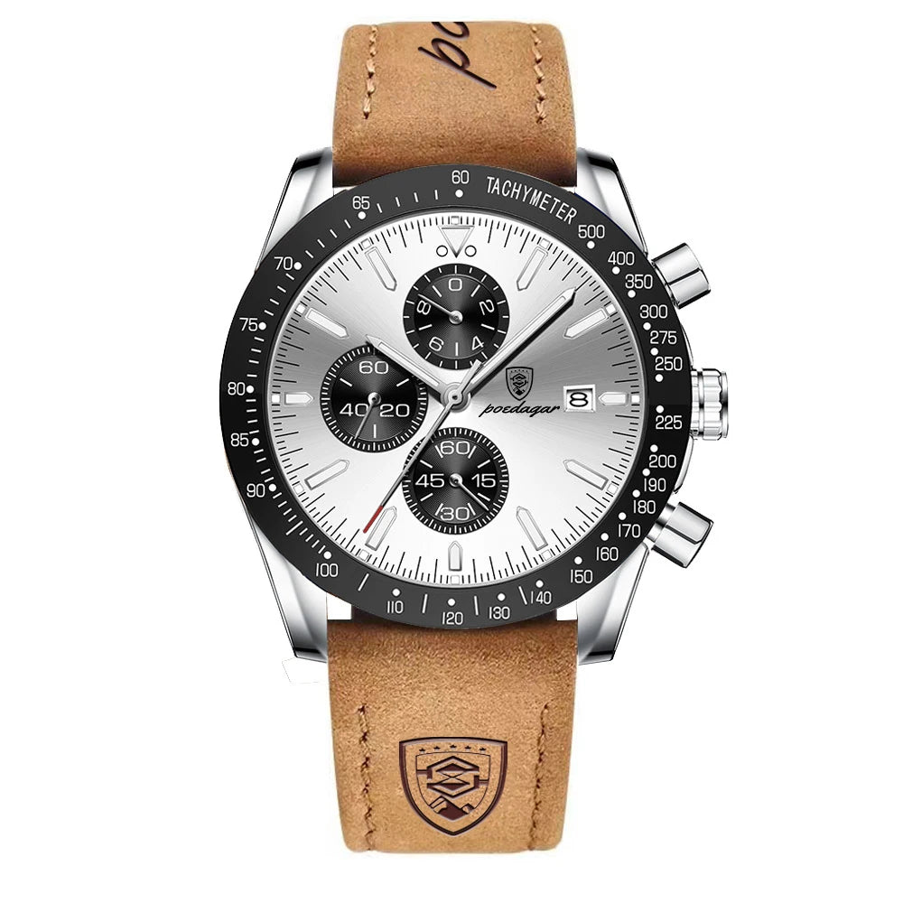 POEDAGAR Montre Homme de Luxe Étanche Lumineuse Date Chronographe Montre-Bracelet à Quartz Homme Haute Qualité Sport Cuir Homme Montres