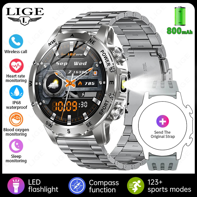 New 2026 Outdoor 800mAh Large Battery Smart Watch Men LED Flashlight Bluetooth Call Compass Sports Fitness Waterproof Smarwatch