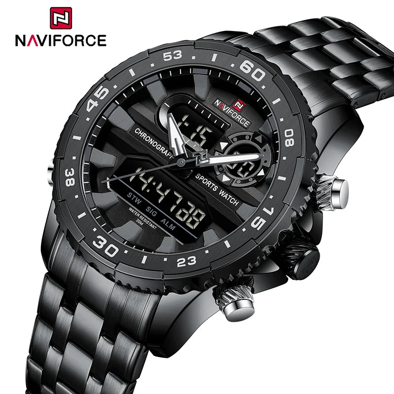 Top Marque NAVIFORCE Montre Homme Analogique LCD Numérique Bracelet en Acier Inoxydable Étanche Date Horloge Cadeaux