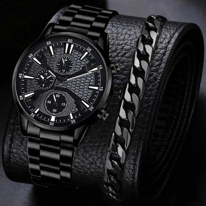 2/4PCS Black Men's Watch Set Business Trend Fashion Quartz Watch Jewelry Set Suitable for Daily Clothing Matching Perfect