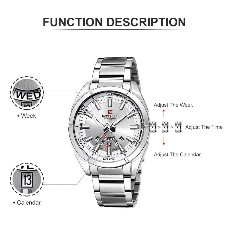 Montre NAVIFORCE classique décontractée pour homme, en acier inoxydable, sport, étanche, affichage de la date, horloge à quartz, Relogio Masculino
