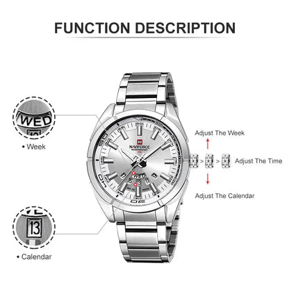 Montre NAVIFORCE classique décontractée pour homme, en acier inoxydable, sport, étanche, affichage de la date, horloge à quartz, Relogio Masculino