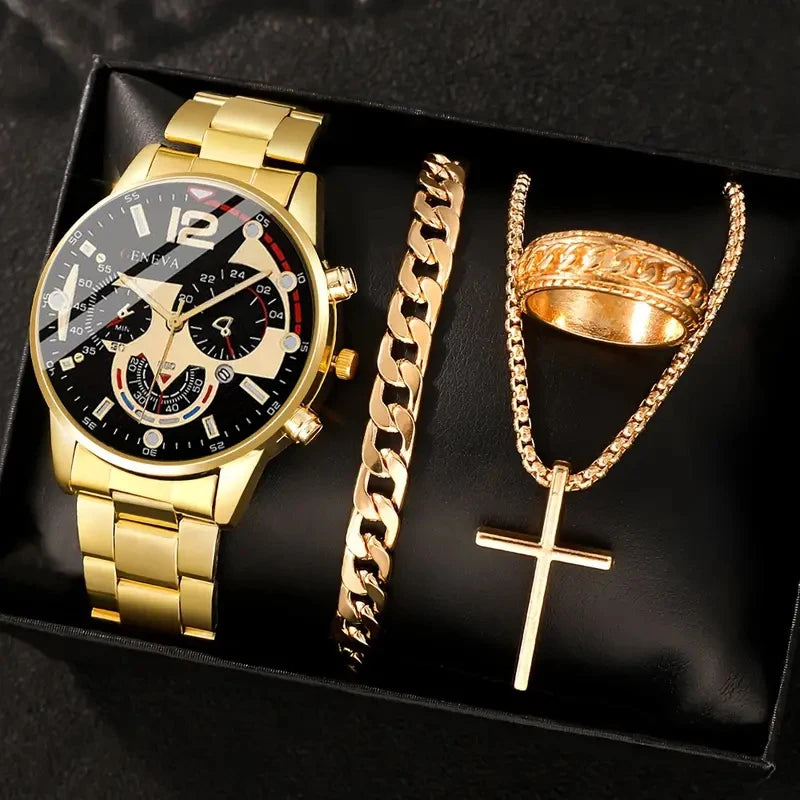 Ensemble de 4 pièces : montre à quartz pour homme en alliage doré de style romain avec calendrier et collier croix, bracelet et bague, cadeau sélectionné