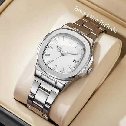 Montre de Luxe pour Homme, Cadran Carré Tendance, Bracelet en Acier Inoxydable, Mouvement à Quartz avec Calendrier (Sans Boîte)