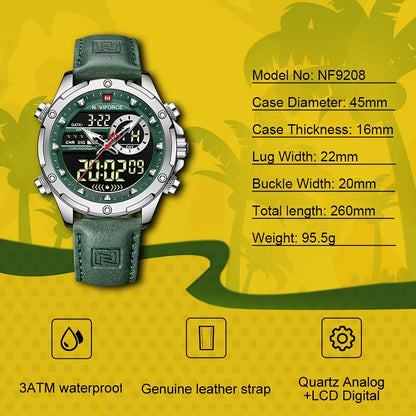 NAVIFORCE – Montre Homme Tendance en Cuir Vert, Militaire, Étanche, Chronographe Numérique, Quartz, Bracelet Homme, Réveil