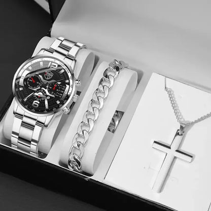 Ensemble 5 pièces DEYROS Montres tendance pour hommes avec calendrier Montres-bracelets à quartz en acier inoxydable pour hommes d'affaires Montre décontractée avec collier et bracelet
