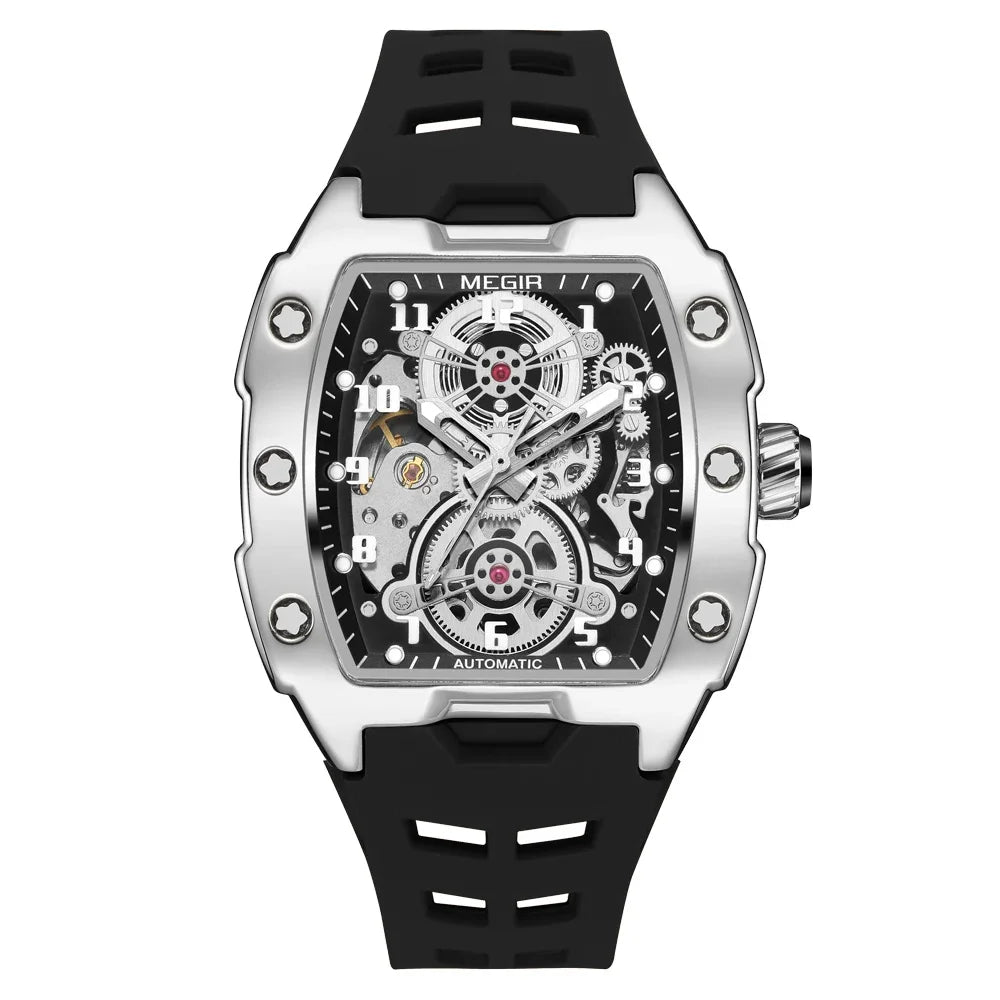 MEGIR Montre Homme Sport Tendance Boîtier Alliage Mécanique Étanche Bracelet Silicone Cadran Tonneau Aiguilles Lumineuses Montres-bracelets Homme