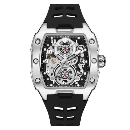 MEGIR Montre Homme Sport Tendance Boîtier Alliage Mécanique Étanche Bracelet Silicone Cadran Tonneau Aiguilles Lumineuses Montres-bracelets Homme