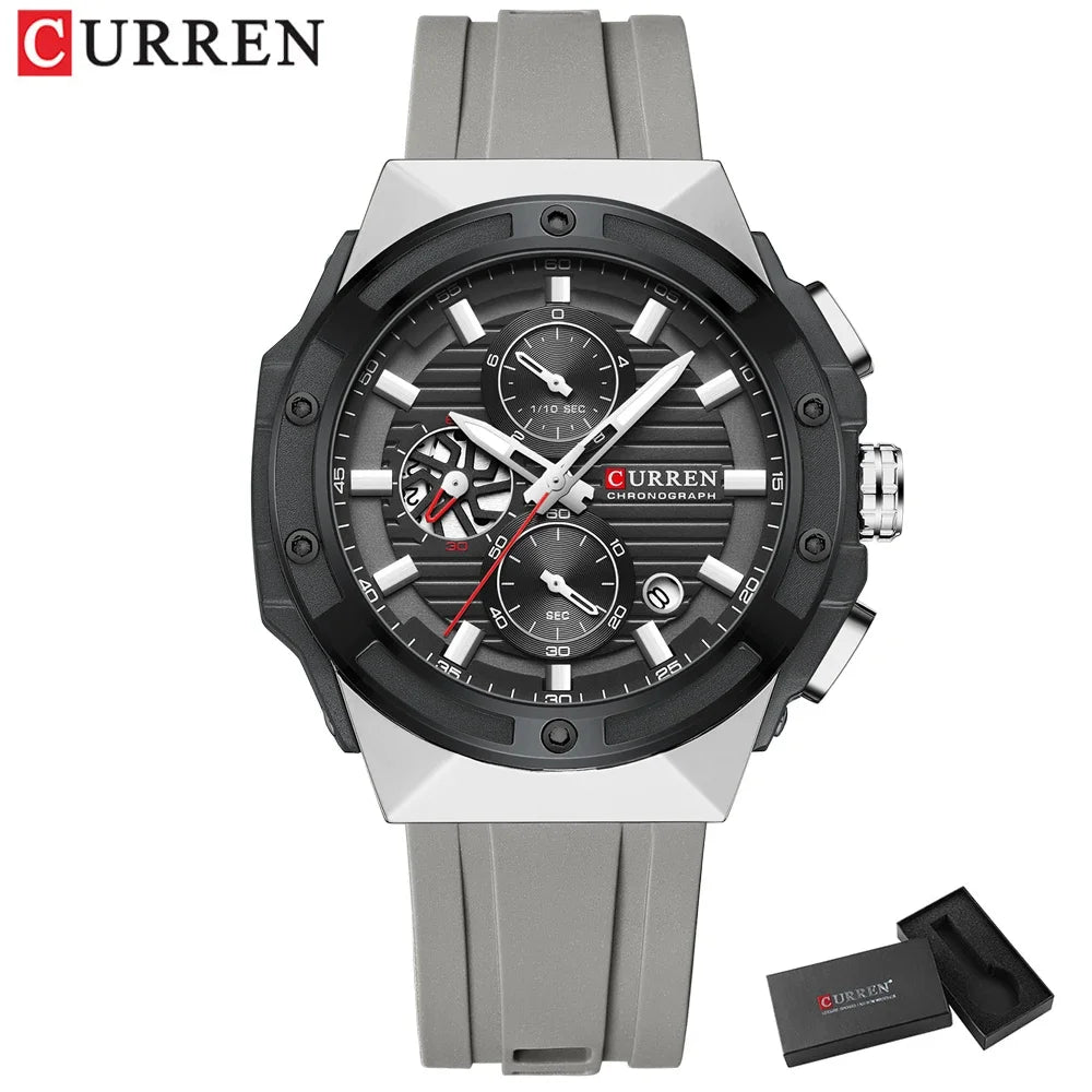 CURREN Montre à quartz multifonctionnelle de sport à la mode avec bracelet en silicone Cadran au design créatif Aiguilles lumineuses