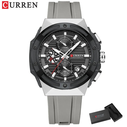 CURREN Montre à quartz multifonctionnelle de sport à la mode avec bracelet en silicone Cadran au design créatif Aiguilles lumineuses