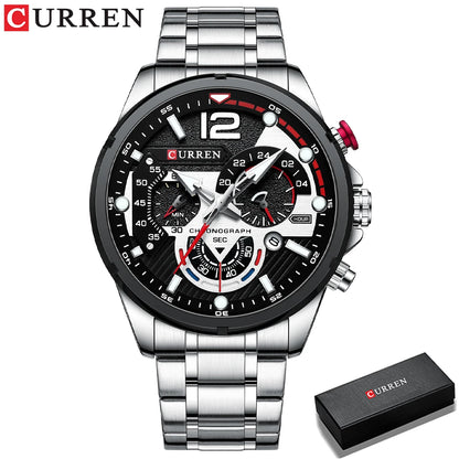CURREN Montre à quartz mode homme, décontractée, sport, avec cadran chronographe en acier inoxydable et aiguilles lumineuses