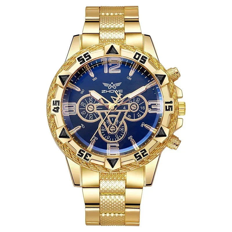 Montre à quartz de luxe pour homme, classique, pour homme d'affaires, grand cadran, bracelet en alliage d'acier, lumière bleue, trois yeux, montre à quartz pour homme.