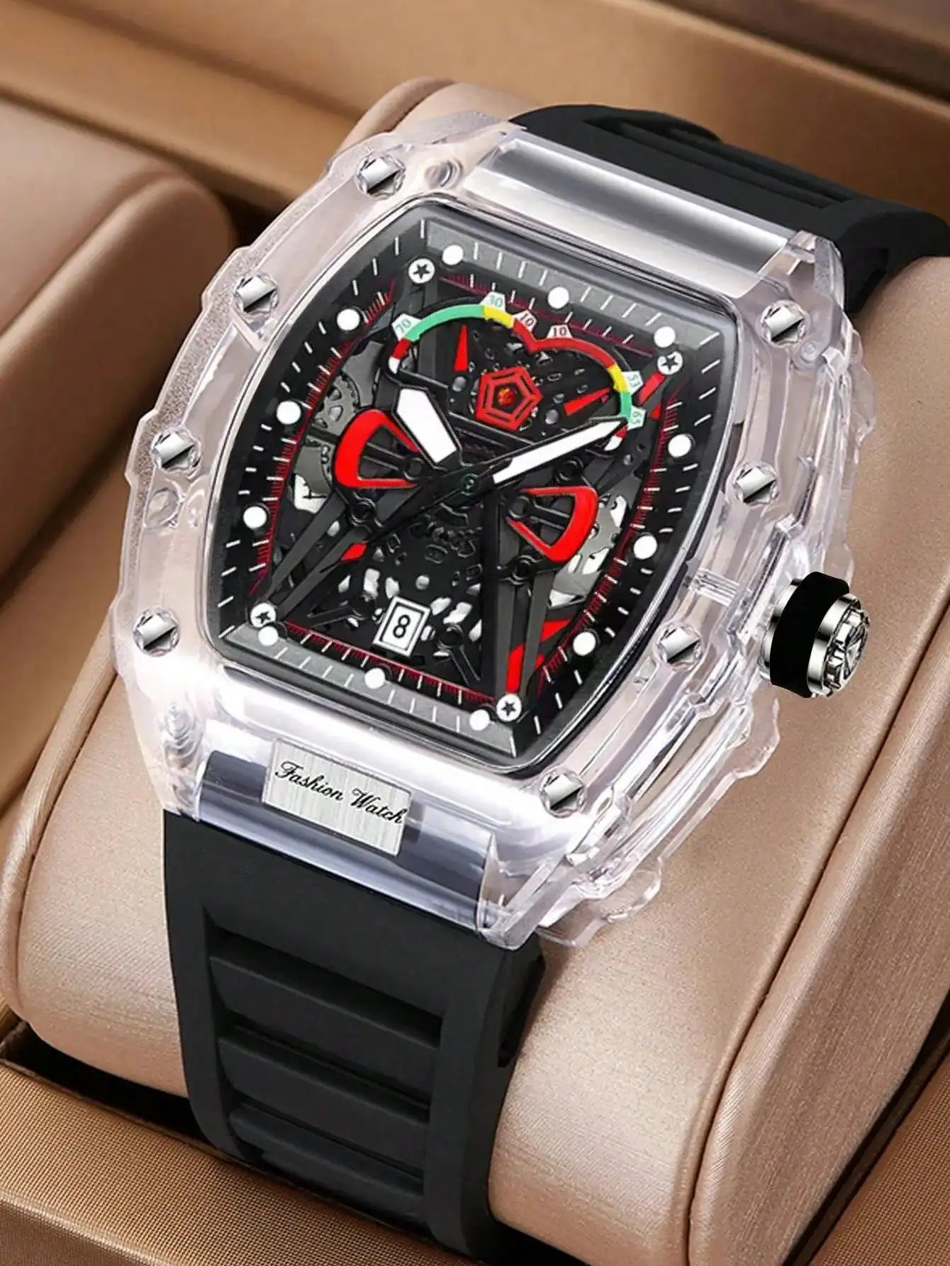 Nouvelle montre à quartz pour homme Boîtier transparent Bracelet en silicone Montres-bracelets lumineuses avec calendrier Style sport décontracté Montre à quartz pour hommes