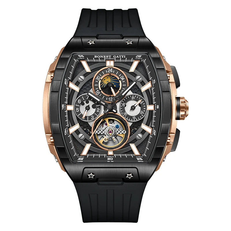 BONEST GATTI Montre Automatique Homme 47 mm Tonneau Mécanique Étanche Saphir Lumineux Multi-Cadrans Jour Date 24 Heures