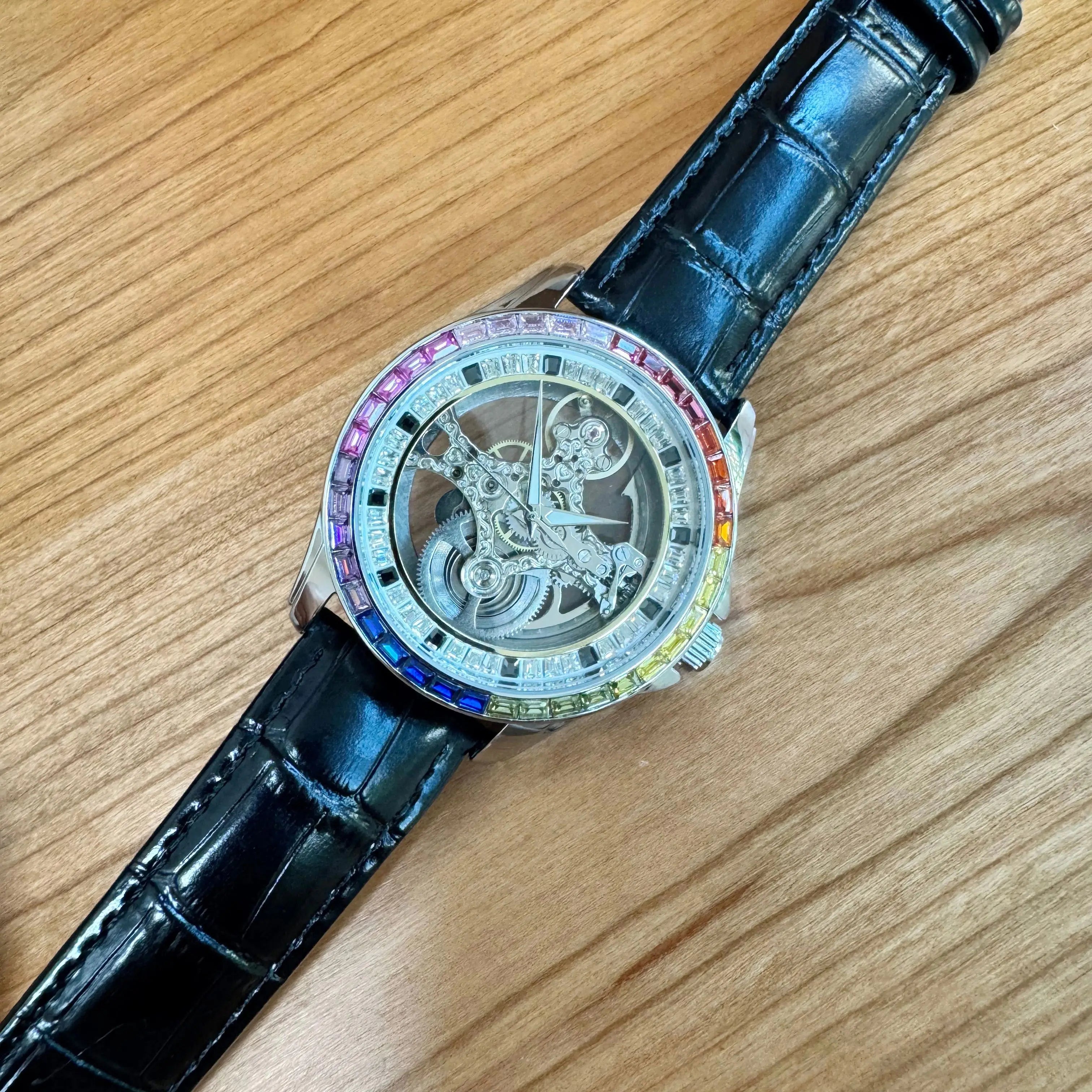 AOKULASIC Luxury Skeleton Automatic Watch for Men Fashion Black Leather Strap Luminous Hands Business Mechanical Mens Watches