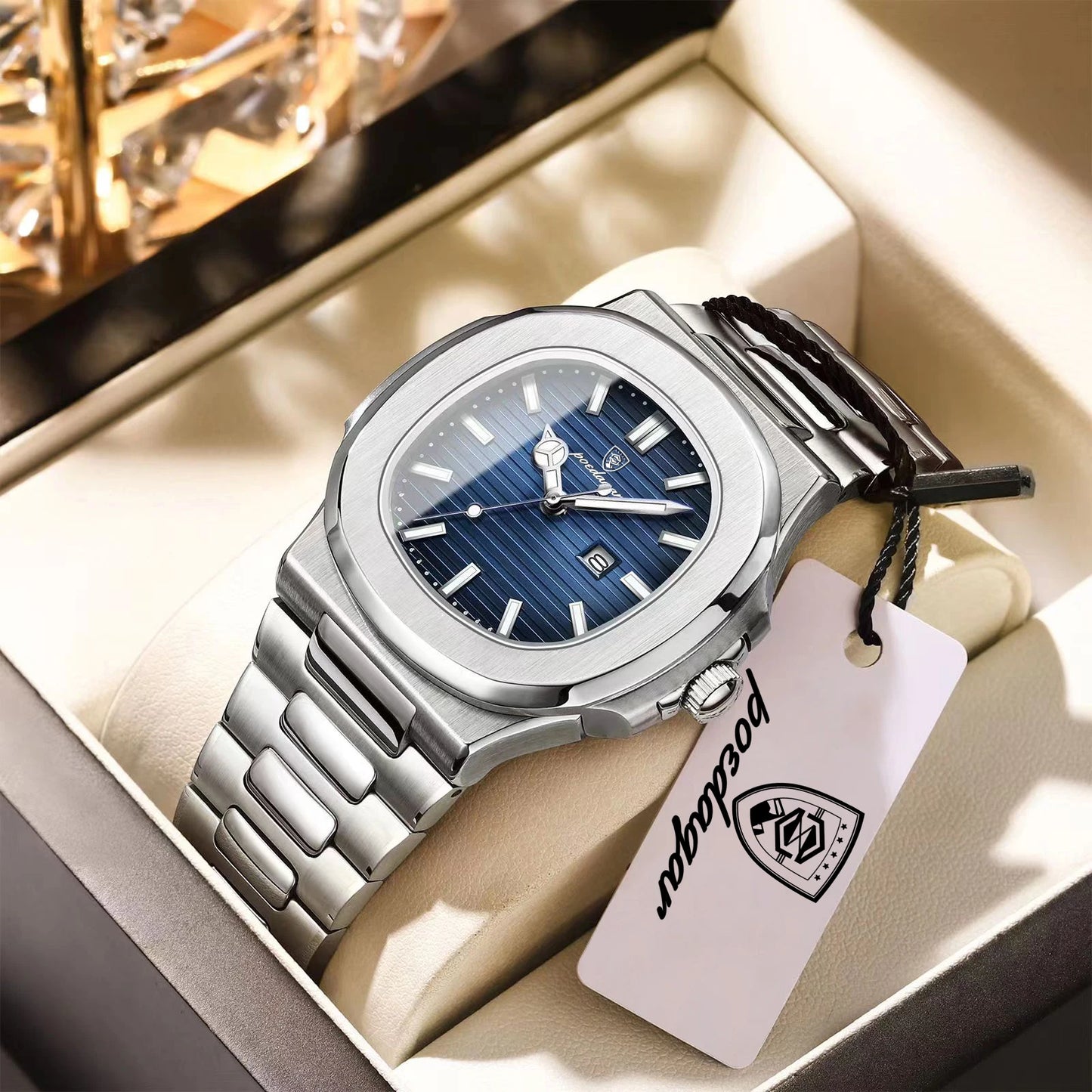 Montre-bracelet de luxe carrée POEDAGAR pour homme, étanche, lumineuse, date, en acier inoxydable, montre à quartz pour homme d'affaires et de sport