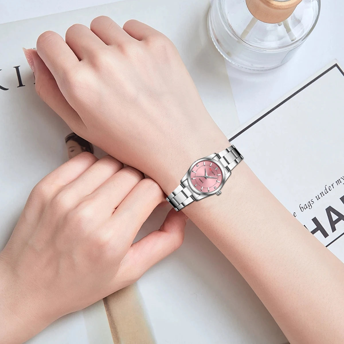 Montre de luxe pour femme 29mm à la mode en acier inoxydable avec strass rose minimaliste, horloge pour fille, montres-bracelets de voyage pour femme