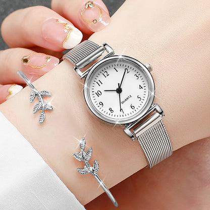 2 montres à quartz pour femme avec cadran arabe, bracelet en maille d'acier, et bracelet jonc assorti (sans boîte)