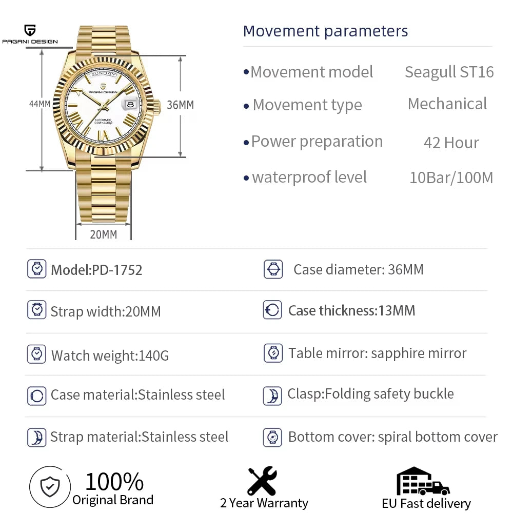 PAGANI DESIGN Nouvelle Montre Automatique DD36 de Luxe en Or Rose pour Homme Montre-Bracelet Mécanique Étanche 10 bars avec Verre Saphir AR