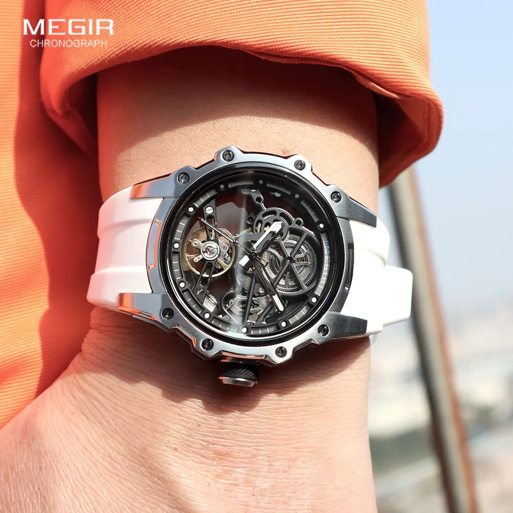MEGIR Sports Automatic Mechanical Watch for Men Fashion Stainless Steel Cased Wristwatch with White Silicone Strap Skeleton Dial