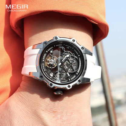 MEGIR Sports Automatic Mechanical Watch for Men Fashion Stainless Steel Cased Wristwatch with White Silicone Strap Skeleton Dial