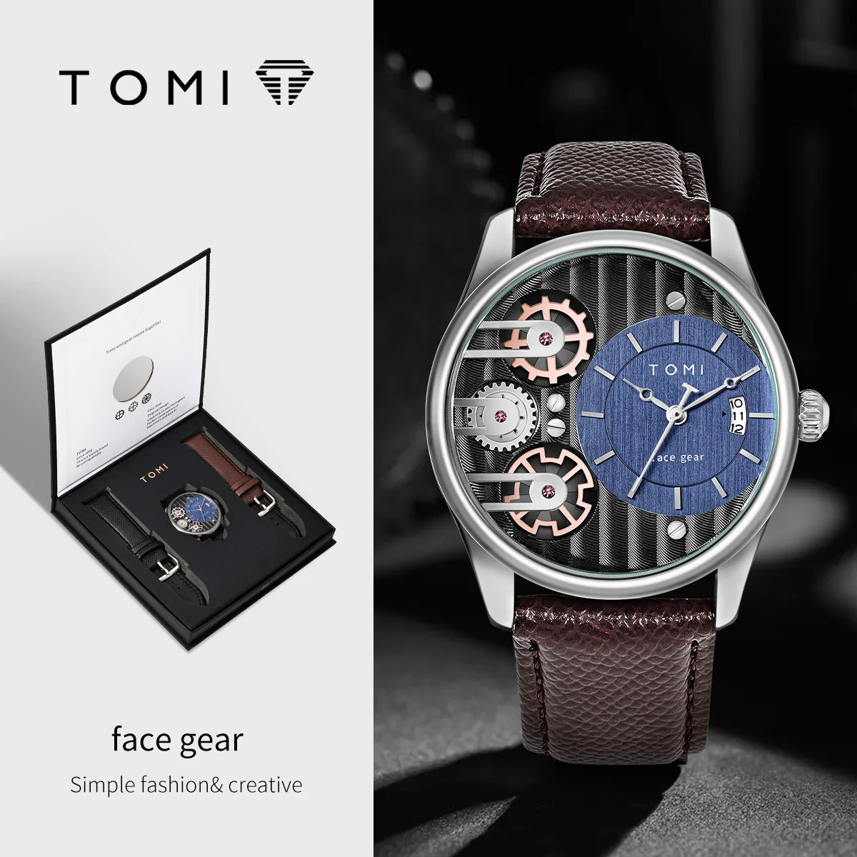Coffret Cadeau Homme TOMI – Montre Combinée Luxe et Simple Affaires, Bracelet Amovible, Montre à Quartz pour Homme, Cadeau de Fête