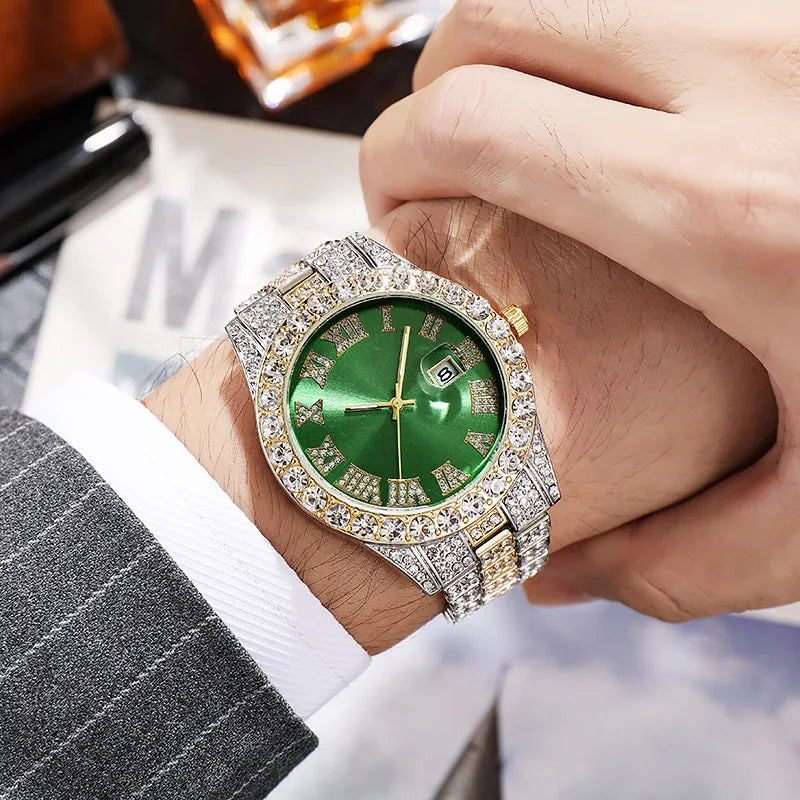 Montre de luxe hip-hop en acier inoxydable doré avec calendrier pour homme, sertie de strass, montre pour homme Reloj Hombre