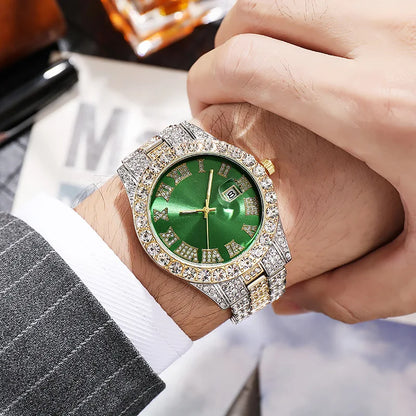 Montre de luxe hip-hop en acier inoxydable doré avec calendrier pour homme, sertie de strass, montre pour homme Reloj Hombre