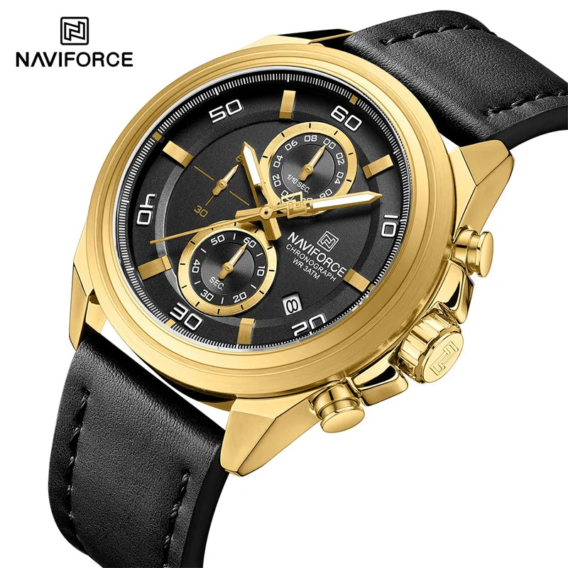 Montre homme décontractée NAVIFORCE Résistante à l'eau 3 ATM, calendrier, cadran lumineux avec bracelet en cuir, cadeau, design original