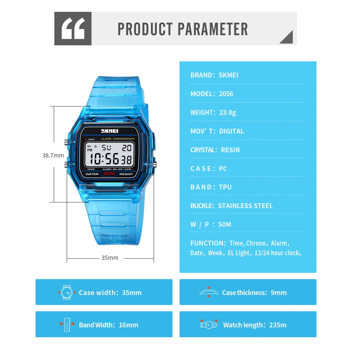 SKMEI 2056 Electronic Waterproof Sports Watch for Men Women Countdown Boy Girl Digital Date Wristwatches 1123 Reloj Masculino