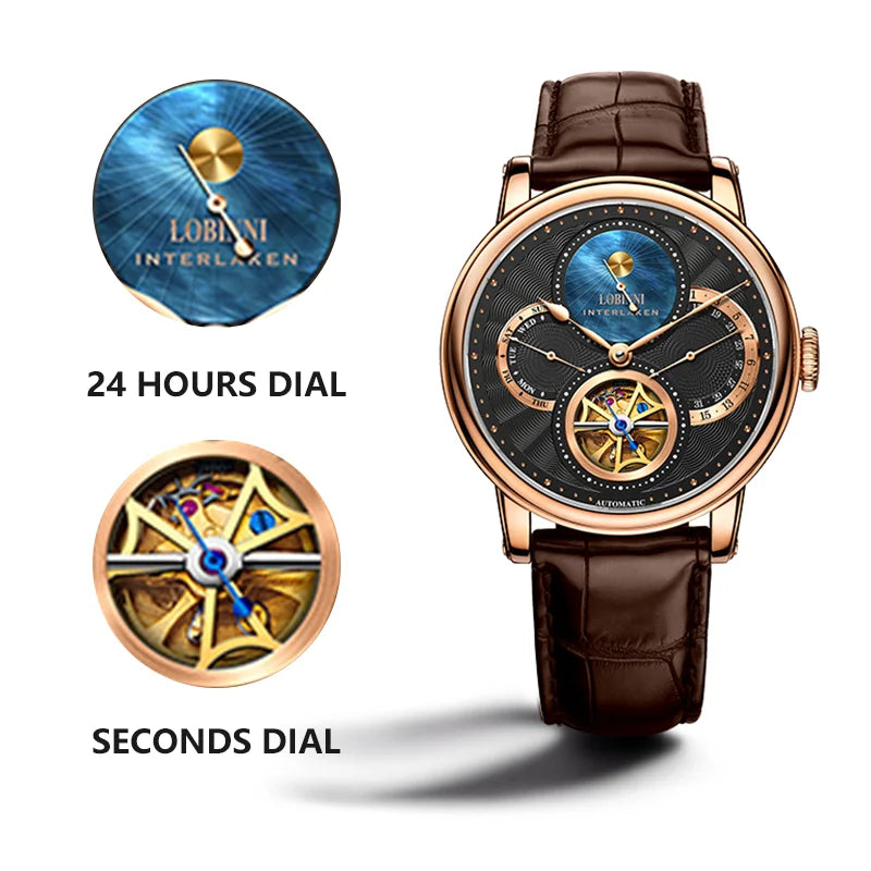 Montre LOBINNI Homme Automatique Or Montres Mécaniques Bracelets de Montre Mode bracelet sportif chronographe Squelette Saphir Marques de Montres
