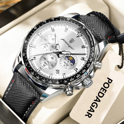 POEDAGAR Montre Homme Originale Tendance Lumineuse Étanche Chronographe Date Bracelet Cuir Quartz Sport Montres Hommes Reloj