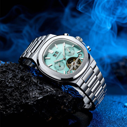 Forsining 481 Homme Nouvelle Montre Tourbillon de Marque, Date de la Semaine, Mouvement Automatique, Montres Mécaniques en Acier Inoxydable, Horloge Étanche