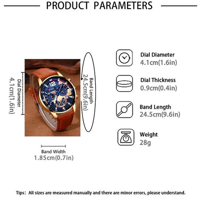 Ensemble 2 Pièces Montres Tendance Homme Calendrier Luxe Masculin Business Décontracté en Cuir Marron Montre à Quartz Homme Bracelet Montre-Bracelet