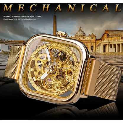 Forsining Montres mécaniques pour hommes, à remontage automatique, dorées transparentes, mode, maille acier, montre-bracelet squelette pour homme, chaude du moment