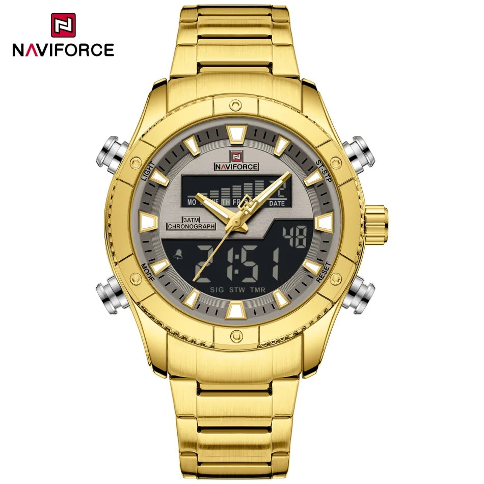 Montre NAVIFORCE Originale Neuve pour Hommes Double Affichage Heure Étanche Acier Inoxydable Multifonction Compte à Rebours Sports Réveil