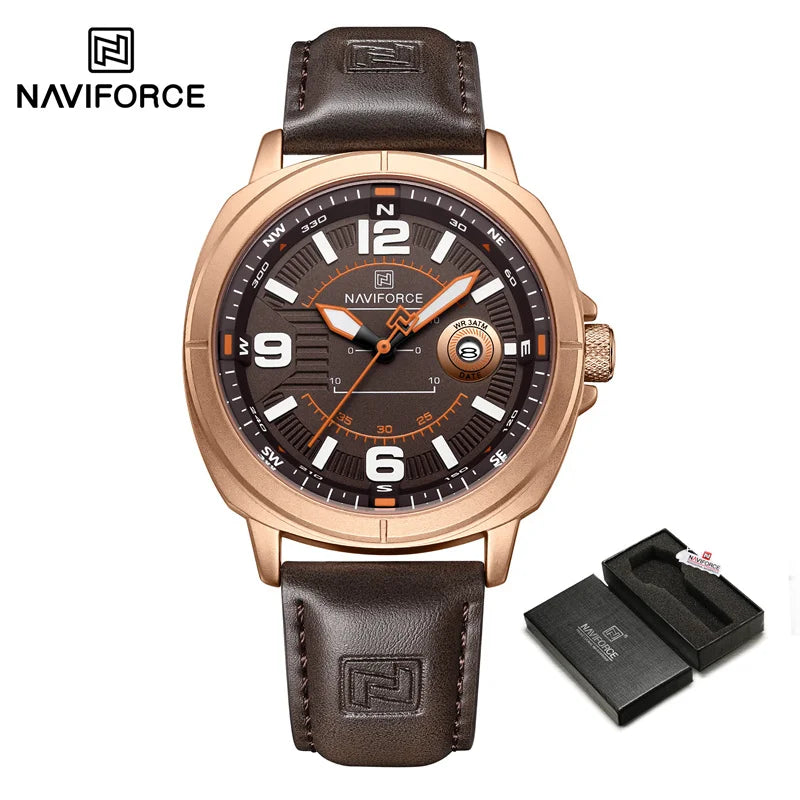Montres à quartz de mode NAVIFORCE pour hommes, étanches 3ATM, affichage lumineux, cadran boussole classique, bracelet respirant en PU