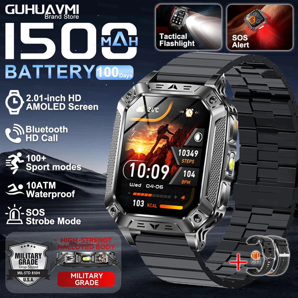 Montre Intelligente Militaire Homme 1500mAh Longue Autonomie Sport Extérieur Montre Connectée Homme Étanche 10ATM Fréquence Cardiaque Appel BT Grande Batterie