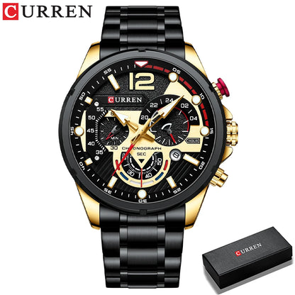 CURREN Montre à quartz mode homme, décontractée, sport, avec cadran chronographe en acier inoxydable et aiguilles lumineuses