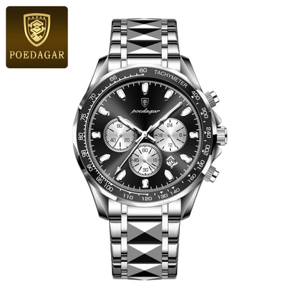 POEDAGAR Montre Homme Luxe Étanche Lumineuse en Acier Inoxydable Montre Chronographe à Quartz avec Date pour Homme d'Affaires