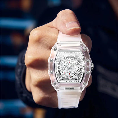 Montre Décontractée Tendance pour Homme Montre à Quartz pour Homme avec Cadran Lumineux, Fonction Calendrier, Bracelet en Silicone, Boîtier Transparent en Forme de Tonneau Reloj