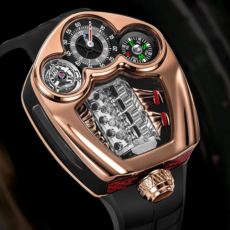 PINDU Engine Series Stainless Steel Compass Watch + Box