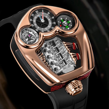 PINDU Engine Series Stainless Steel Compass Watch + Box
