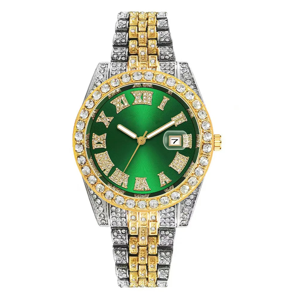 Montre de luxe hip-hop en acier inoxydable doré avec calendrier pour homme, sertie de strass, montre pour homme Reloj Hombre