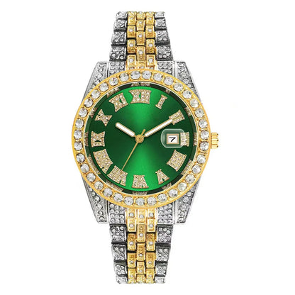 Montre de luxe hip-hop en acier inoxydable doré avec calendrier pour homme, sertie de strass, montre pour homme Reloj Hombre