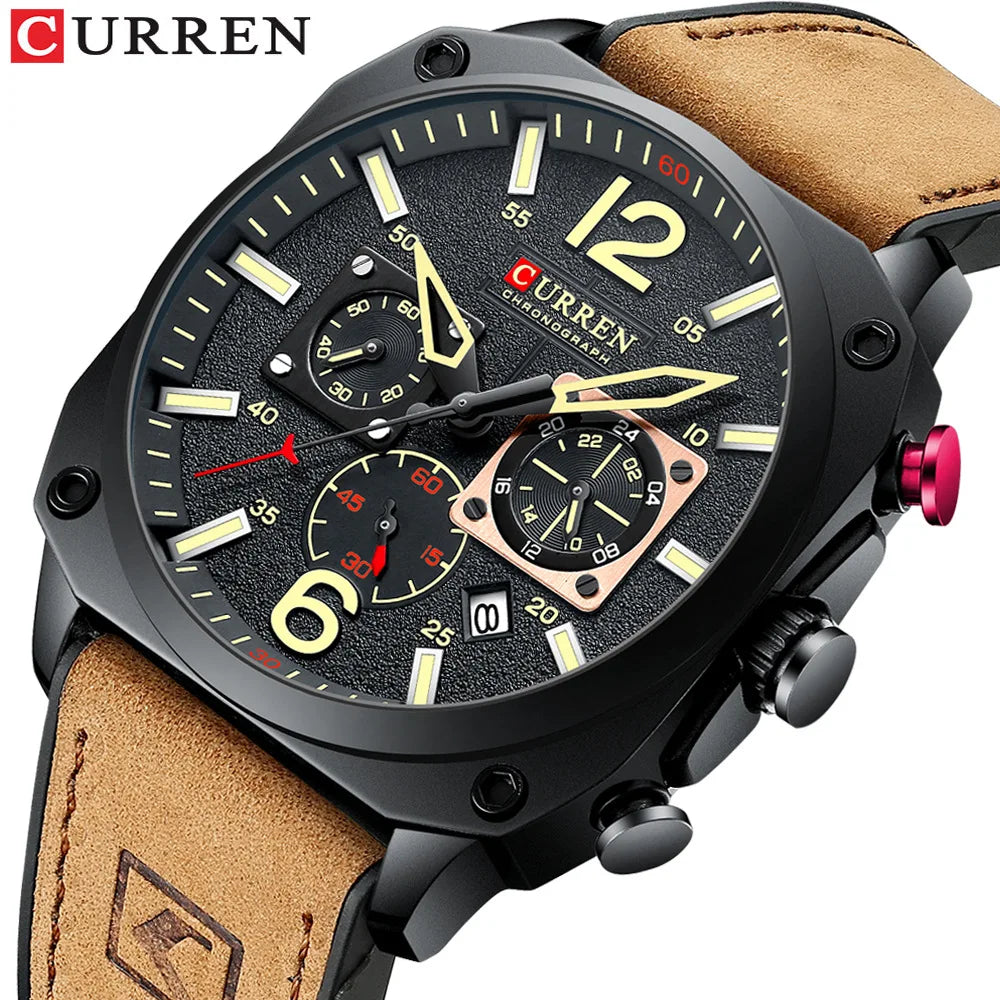 CURREN 8398 Six-Hand Calendar Leather Strap Watch