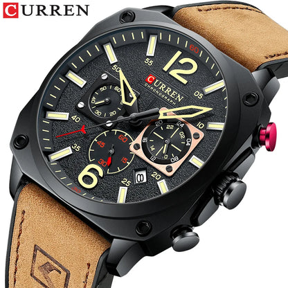 CURREN 8398 Six-Hand Calendar Leather Strap Watch