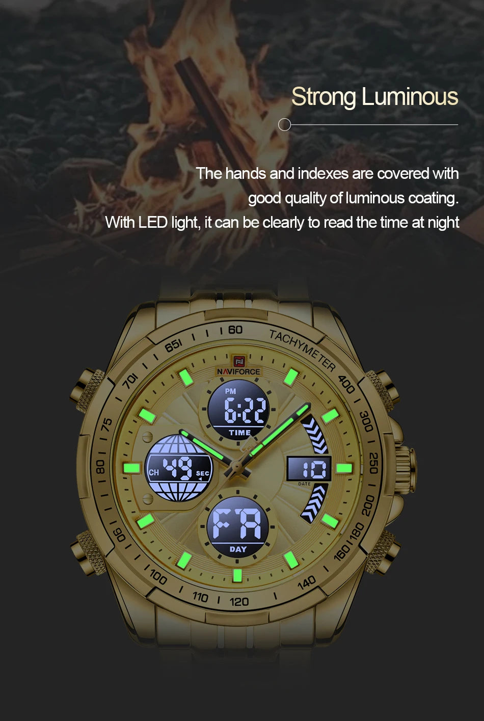 Montres de Luxe NAVIFORCE Or pour Homme Montre-bracelet Sport Militaire Numérique Quartz Bracelet Acier Étanche Lumineuse Réveil